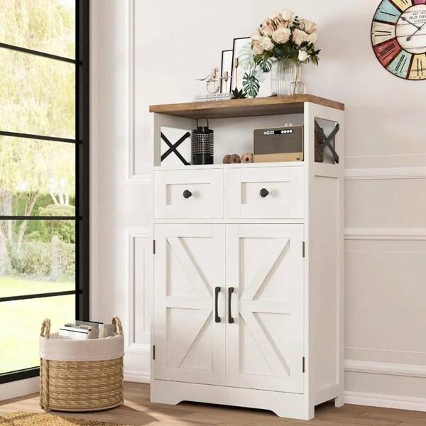 Farmhouse Storage Cabinet With Doors & Drawers – Freestanding Kitchen Pantry Or Sideboard, Black