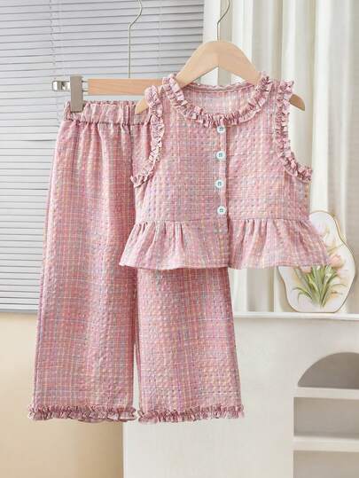 2pcs/Set Girls Floral Lace Sleeveless Cardigan Top And Wide Leg Pants Set, Cute Casual Summer Outfit For Young Girl
