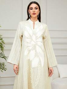 女士优雅V领长袖长袍，饰有串珠刺绣，适合斋月、派对、约会和日常穿着。 - 杏色 - 查看 3