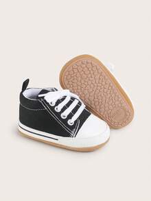 1双婴儿帆布鞋，幼儿学步鞋，系带设计，简约百搭，适合所有季节 - 黑色 - 查看 9