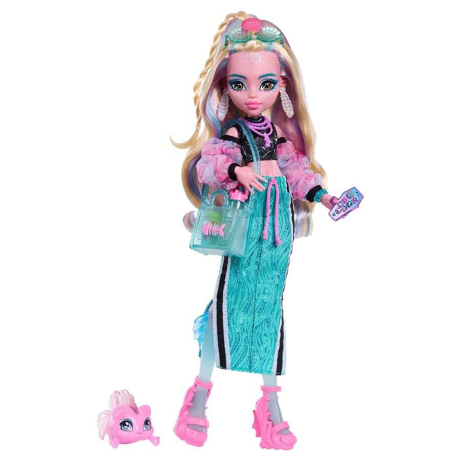 Mattel Mattel 这款Monster High娃娃，Lagoona Blue，身穿露脐上衣和运动裙，配有宠物鱼Neptune和7件配件，包括时尚贝壳太阳镜、零食和手提包。 - Lagoona - 查看 1
