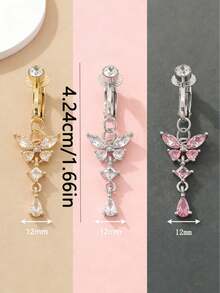 1件不锈钢材质，镶嵌AAA+级闪亮锆石，蝴蝶/心形/星形/蛇形装饰夹式肚脐饰品，适合女性日常佩戴、派对和节日礼物