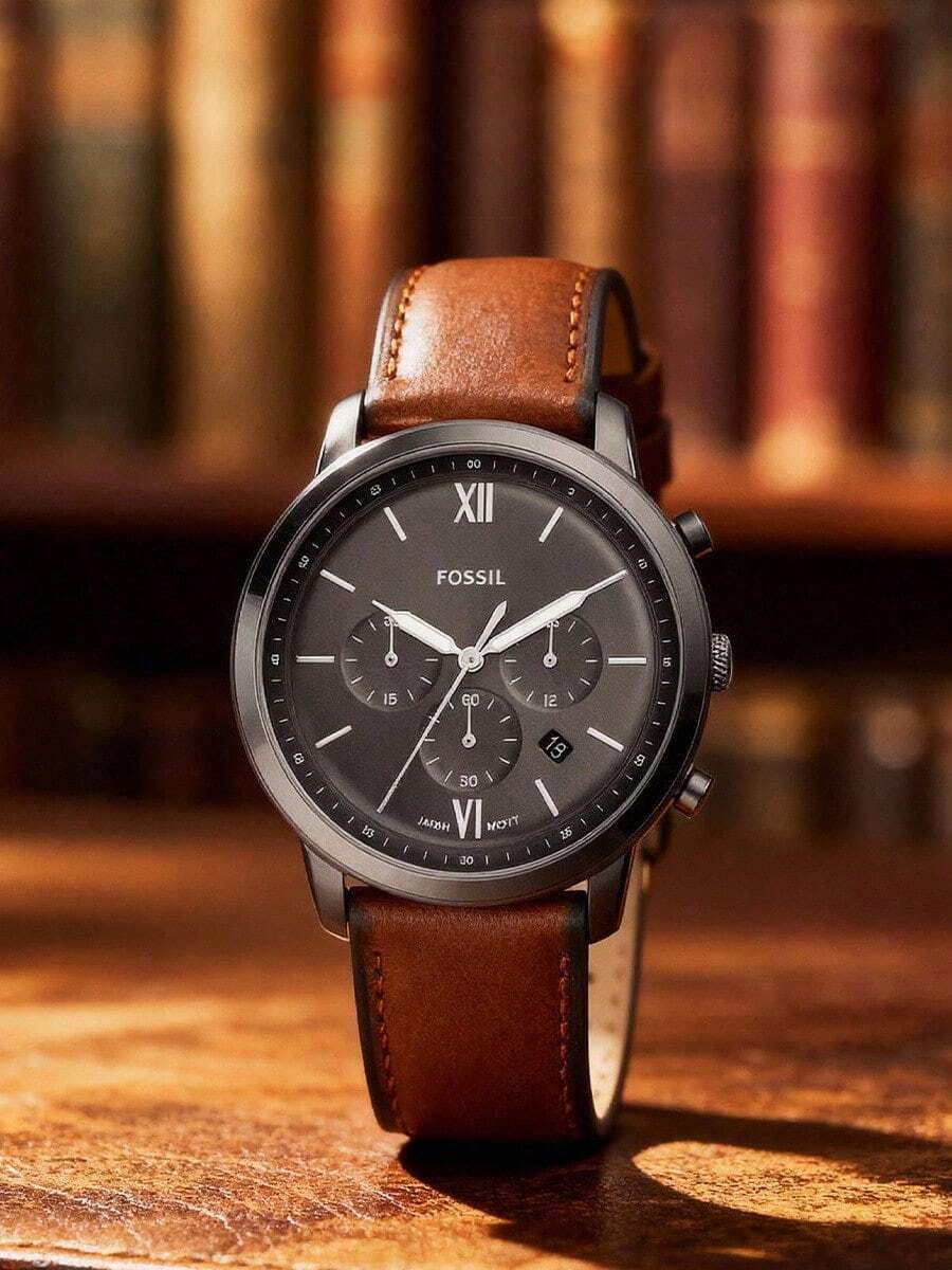 Fossil Neutra 男士计时腕表，时尚石英表，蓝色圆形表盘，真皮表带，商务休闲风格，日常工作和旅行的百搭必备单品，送给男友或父亲的绝佳礼物。男士圣诞腕表 FS5453 - 棕色 - 查看 1