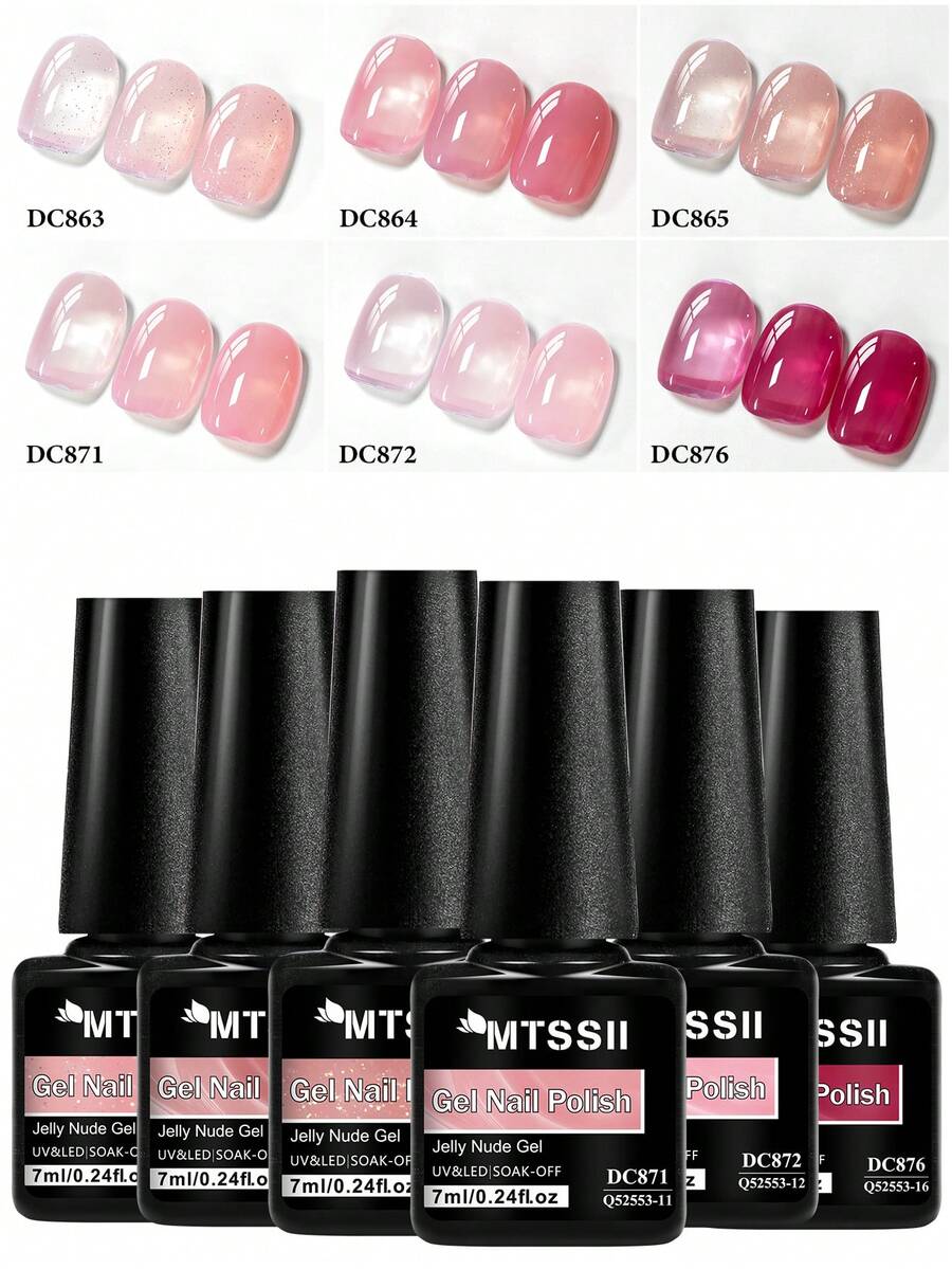 Mtssii 6pcs 7ml Nude Pink Jelly Crystal Gel Nail Polish Set Acrylic Translucent Nude With Sheer Ice Clear Effect Nail Glue Spring Summer Semi Permanent UV Gel Varnish Diy French Manicure Nail Art For Home Salon Gift For Women - 彩色 - 查看 1