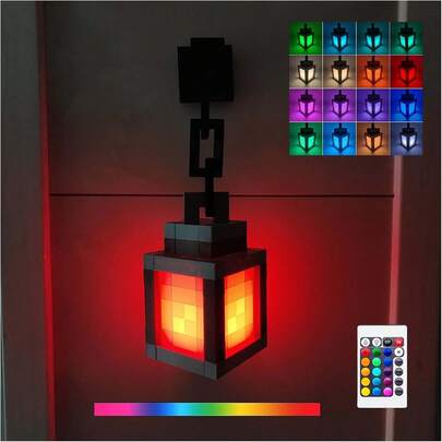 像素灯笼夜灯 - 16色LED壁灯氛围夜灯，带遥控器 - 可充电夜灯，可壁挂式台灯，角色扮演床头灯，男孩房间装饰