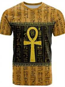 [Ancient Egypt T-Shirt] 3D Print T-Shirts - Ancient Egypt Goddess Pharaoh Oversized Harajuku Y2K Style Short Sleeve Tops For Men & Women |   Black With Golden Cross & Hieroglyphic Design |   Casual Summer Wear, Egyptian Print Top, Durable Printed Shirt - 混合色 - 查看 1