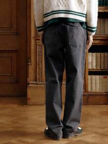 Men's Casual American Style Jeans, Drawstring Elastic Waist Straight Leg, Simple Dark Grey Design Everyday Relaxed Pants, Versatile For All Seasons - Grey - View 4