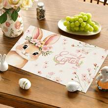 2/4/6/8pcs Round, Floral, Rectangular Brown Cute Rabbit, Pink Wreath Easter Happy Placemats, Pink Themed Seasonal Spring Dining Table Mats, Suitable For Party, Kitchen, Dining Room Decor - Multicolor - View 3