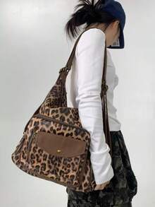 Túi đeo vai nữ phong cách Y2K họa tiết da báo, túi đeo chéo nhiều ngăn dung tích lớn, túi đa năng có thể chuyển đổi thành ba lô. - màu nâu - Xem 5