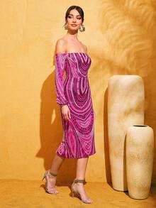 LOVE&LEMONADE Fuchsia Sequin Off-Shoulder Long Sleeve Backless Split Party Dress - Hot Pink - View 6