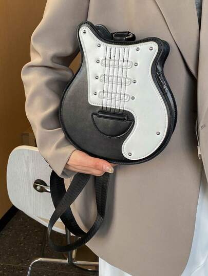 תיק צד אופנתי בצורת גיטרה 1 יחידות | תיק כתף נייד רב-תכליתי עם רצועה מתכווננת בצבע ניגוד | בטנה מפוליאסטר | סגירת רוכסן