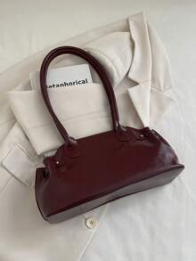 1个新款纯色法棍包，PU材质，双提手，拉链封口，大容量时尚女士单肩包，适合日常使用、购物和约会。 - 酒紅色 - 查看 6