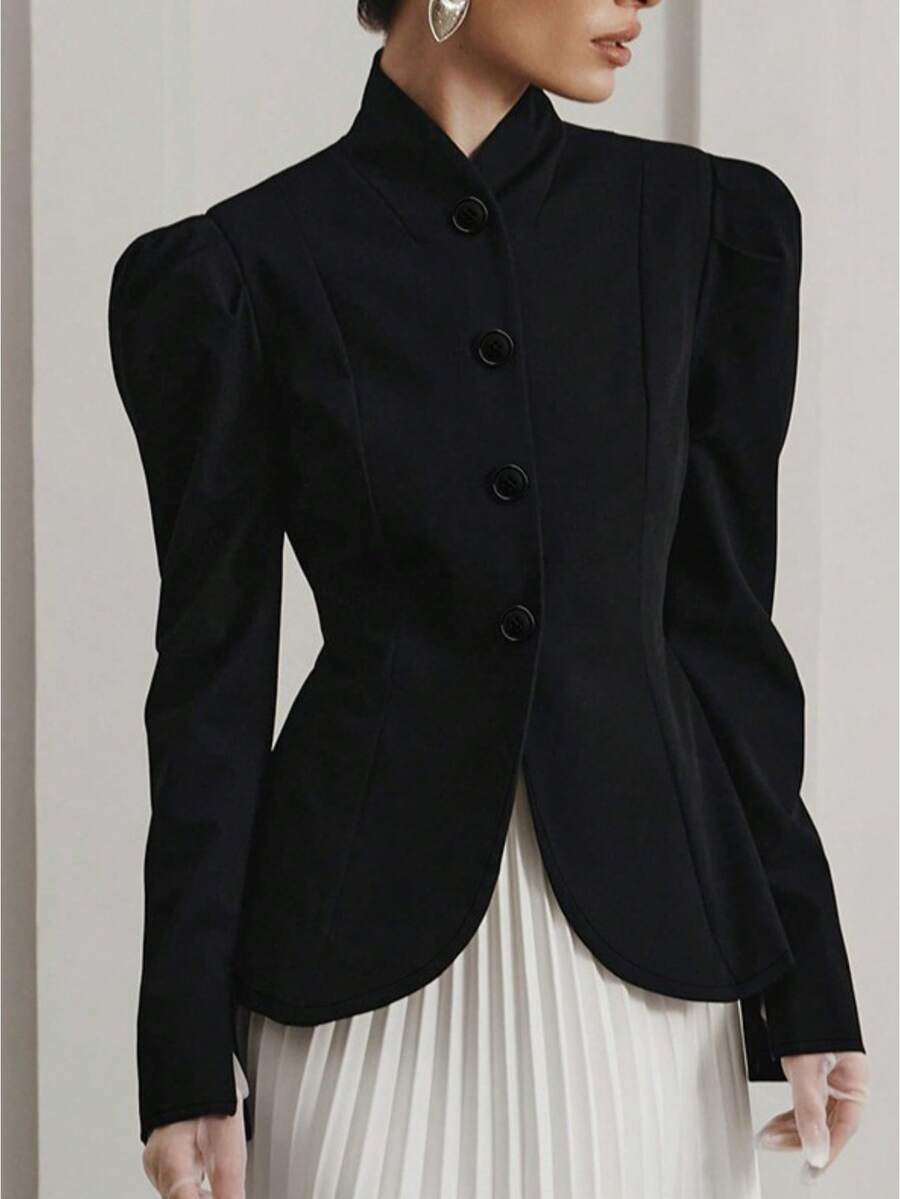 Autumn And Winter Temperament Elegant Daily Commute Bubble Sleeves High-End Jacket Women's French Elegant Retro Stand-Up Collar Black Small Suit - 黑色 - 查看 1