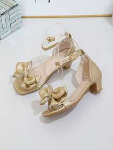 1双女童夏季高跟凉鞋，双层水钻蝴蝶结，梦幻公主鞋，方头设计，适合派对、聚会、学校演出等场合 - 金色 - 查看 2