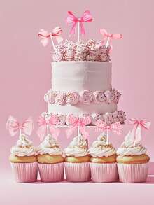 16pcs/Set Pink Bow Cake Topper, Pink Bow Party Cake Decoration Supplies,Pink Bow Cake Insert,Birthday Cake Decor, Baby Shower Party Supplies,Wedding Party Dessert Decor, Baking Decor Supplies,Ice Cream Decoration,Dining Table Decor,Pink Bow Birthday Party Decor, Birthday Gift Party Favor - Bow - View 9