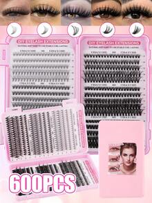 570/600pcs Cluster False Eyelashes, Single Strand Grafting, D-Curl, 8-16mm DIY Eyelash Extension Kit, 10D+20D+30D+40D+50D/30D+40D+50D+60D+80D+100D Waterproof False Eyelashes, Create Natural Makeup Effect, Thick & Fluttery, Soft & Lightweight, Reusable Segmented False Eyelashes - Multicolor - View 3