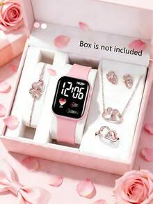 6/5件套女孩优雅时尚LED数字电子手表，搭配精致闪亮爱心首饰套装，包括手链、项链、戒指、耳环，是女孩日常佩戴、生日、节日、派对、度假、情人节、新年等场合的完美首饰配饰，也是送给女孩的新年礼物。 - 彩色 - 查看 1