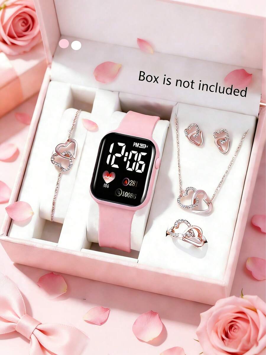 6/5件套女孩优雅时尚LED数字电子手表，搭配精致闪亮爱心首饰套装，包括手链、项链、戒指、耳环，是女孩日常佩戴、生日、节日、派对、度假、情人节、新年等场合的完美首饰配饰，也是送给女孩的新年礼物。 - 彩色 - 查看 1