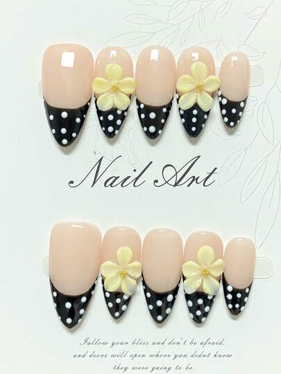 1 Piece Of Handmade Press-On Nail Art, Y2K Style, Cute And Simple Design, Almond-Shaped Nails, French Style, Handmade 3D Flower Decorations, Hand-Painted Polka Dot Pattern, Cute Nails, False Nails, Valentine's Day Nail Art, High-End Quality, Reusable, Suitable For Women And Girls To Wear Daily Or On Holidays, And Can Also Be Given As A Gift.