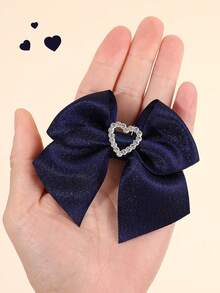 2pcs Navy Blue Hair Bows For Girls Solid Color Hair Bow Clips Ribbon Heart Shape Rhinestone Decor Bow Hair Clips Elegant Fashion Hairpins Simple Bow Barrettes Girls Hair Accessories For Daily Life - 彩色 - 查看 3