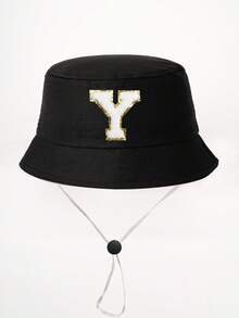 1顶26字母印花儿童渔夫帽+可拆卸防风绳，可调节户外遮阳帽，适合男孩女孩，春秋季旅行、海滩、度假 - 黑色 - 查看 28