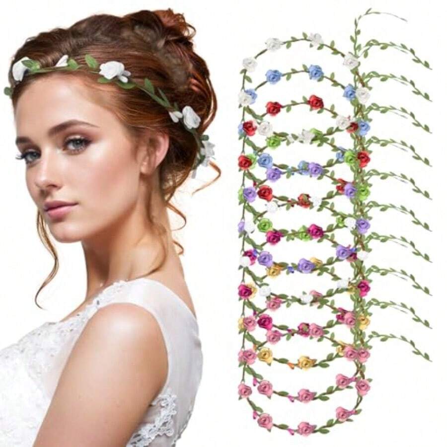 QY- Flower Crown Fairy Headband Fairy Crown Floral Wreath Headband Bohemian Style For Women Girls Wedding Party Vacation Floral Flower Garland Headwear Headbands Greenery 9 Colors 10pcs One Size -3788 - 9種顏色10件 - 查看 1