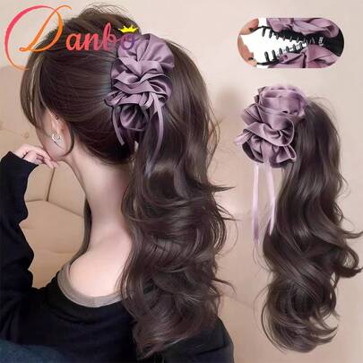 Women's Elegant Purple Rose Banana Clip Ponytail - Curly Wavy Hair Tie Clip, Suitable For Party, Wedding, Daily - Formal And Casual Fluffy Hairstyles, Party Hair Accessories, Floral Hair Clips, Secure Fixation