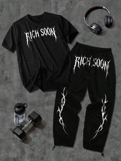 Conjunto de camiseta de manga corta con cuello redondo y diseño de bloqueo de color y estampado de letras, y pantalón de chándal con cordón y bloqueo de color para hombre. Conjunto casual para hombre, adecuado para uso diario, salir, vacaciones, ir y venir, hacer deporte. Excelente mano de obra, telas cómodas. Puede ser un regalo para familiares, amigos, novios, esposos, padres. Ropa de hombre, conjunto de 2 piezas, ropa de gimnasio.