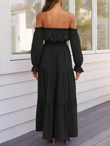 Women's Boho Sexy Off Shoulder Long Sleeve Smocked High Waist Side Split Flowy A Line Tiered Long Maxi Dress - 黑色 - 查看 3