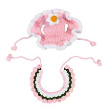 Handmade Knitted Pet Collar & Hat Set, Soft Yarn, Flower Design, Cat & Dog Accessories, Photo Props