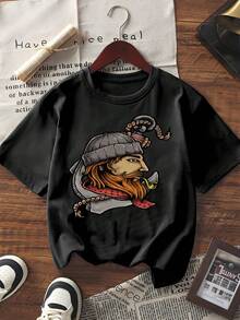 Damska koszulka z krótkim rękawem i okrągłym dekoltem w stylu vintage z kotwicą wikingów, luźny krój, miękka mieszanka bawełny, idealna na letnie ubrania uliczne - Czarne - Zobacz 6