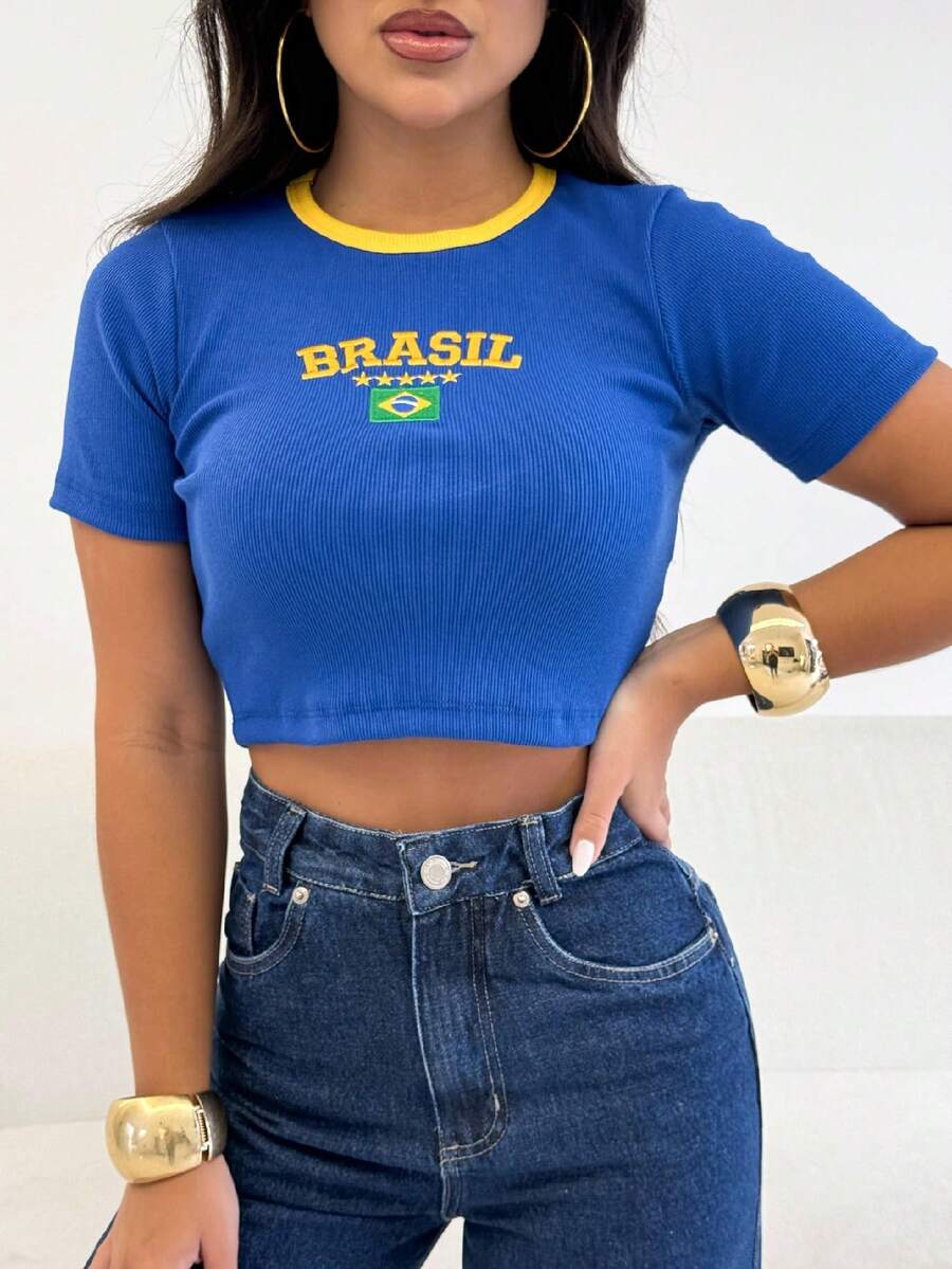 Women's Ribbed Cropped Top/Blouse, BrazilCore Style, World Cup 2026 - 藍色 - 查看 1