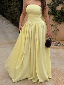 PoPoHouse 女士优雅浪漫褶皱性感修身无肩带黄色长裙，适合情人节约会、日常休闲、海滩旅行、婚礼派对、春夏穿着。 - 黃色 - 查看 3