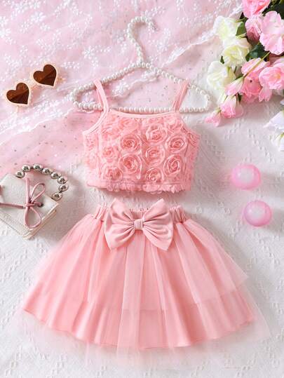 Girls' Rose Floral Strap Top And Mesh Cupcake Skirt Set, Cute Summer Outfit