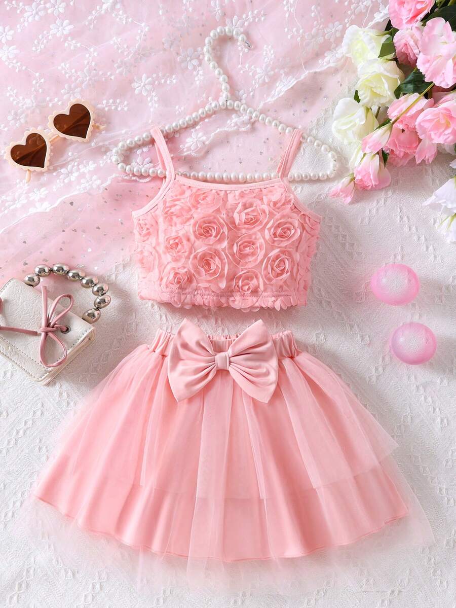 Girls' Rose Floral Strap Top And Mesh Cupcake Skirt Set, Cute Summer Outfit - Pink - View 1
