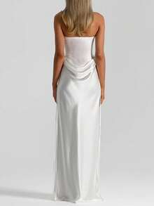 Women Sexy Off Shoulder Maxi Dress Bodycon Summer Stain Draped Long Dress Brown Elegant Birthday Evening Cocktail Party Dress - White - View 3