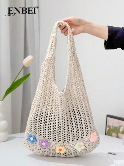  ENBEI 2026 Fashion Spring/Summer Women's Retro Vacation Style Beach Bag, Hand-Woven Shoulder Strap Crochet Large Capacity Bag, Foldable, Hollow Out Elegant Women's Tote Bag, Travel Essential, Suitable For Dating, Outings, Shopping, Vacation Must-Have, Cruise Essential, Perfect As A Mother's Day Gift, Valentine's Day Gift, Or Teacher's Day Gift.