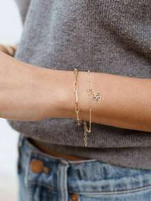 Tkool 2pcs/Set Women's Bracelet Set, Bohemian Summer Beach Style, Golden Electroplated Multi-Layer Basic Chain, Safety Pin Chain, Copper Inlaid Zirconia Turtle Pendant, Multi-Layer Stacking Bracelets, Ocean Series Jewelry Gift - Yellow Gold - View 5