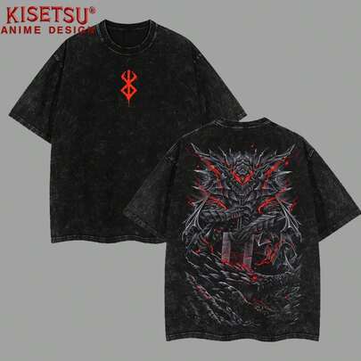 Camiseta Lavada con Motivo de Guts, el Espadachín Negro – Camiseta Vintage de Anime , Algodón Pesado, Camiseta Manga Oversize, Estilo Casual Unisex, Regalo para Fans de Anime