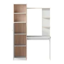 Desk/Work Table With Storage – White With Contrasting Slatted Wooden Top, Lower Cabinet With Doors And Open Upper Shelf, Office Design, 123.5 X 45 X 168.5 Cm