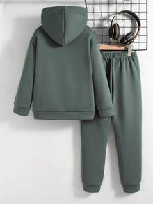 Bộ 2 món cho bé trai tuổi teen, gồm áo hoodie và quần dài in chữ, kiểu dáng thường ngày, có lớp lót giữ nhiệt, thích hợp cho mùa thu/đông. - Màu xám đen - Xem 2