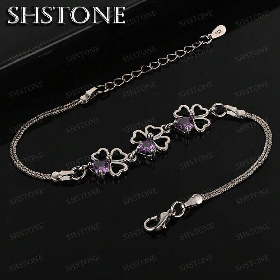 Vòng tay mạ bạc 925, trang sức cưới màu tím hình cỏ ba lá may mắn, đính đá Cubic Zirconia, dài 17cm + 4cm. - Bạc - Xem 1