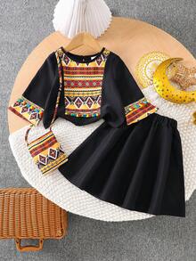 Young Girls' Vintage 3 Pieces Set: Geometric Jacquard Splice Colorful Tassel 3/4 Sleeve Top + Skirt + Crossbody Bag, Children Outfit - Black - View 1