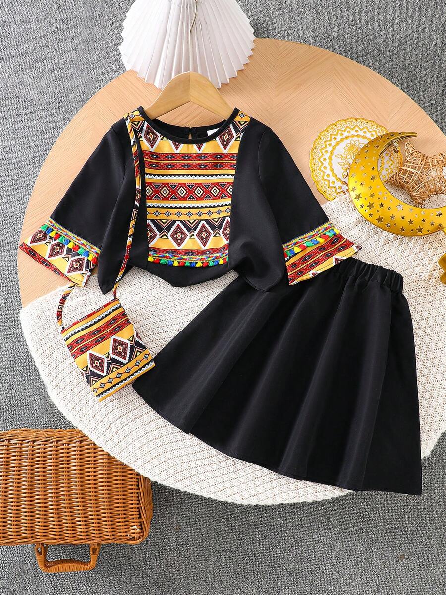 Young Girls' Vintage 3 Pieces Set: Geometric Jacquard Splice Colorful Tassel 3/4 Sleeve Top + Skirt + Crossbody Bag, Children Outfit - Black - View 1