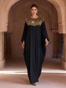 新款优雅宽松黑色长袍，带流苏蝙蝠袖 - 黑色 - 查看 5