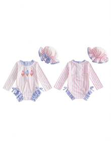 Toddler Girl Rash Guard Swimsuit Long Sleeve Ice Cream Embroidery Ruffled Swimwear With Hat For Beach Pool - Pink - View 2