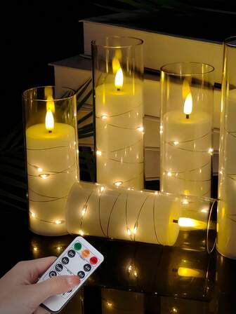 2/3/5支装闪烁无焰LED蜡烛，内置星光串灯，亚克力LED柱形蜡烛，带遥控器，遥控器提供定时（2小时、4小时、6小时、8小时）和两种模式选择，3D火焰效果，适用于家居装饰、婚礼、情人节、餐桌、卧室、壁炉、浴室、蜡烛加热器、礼品