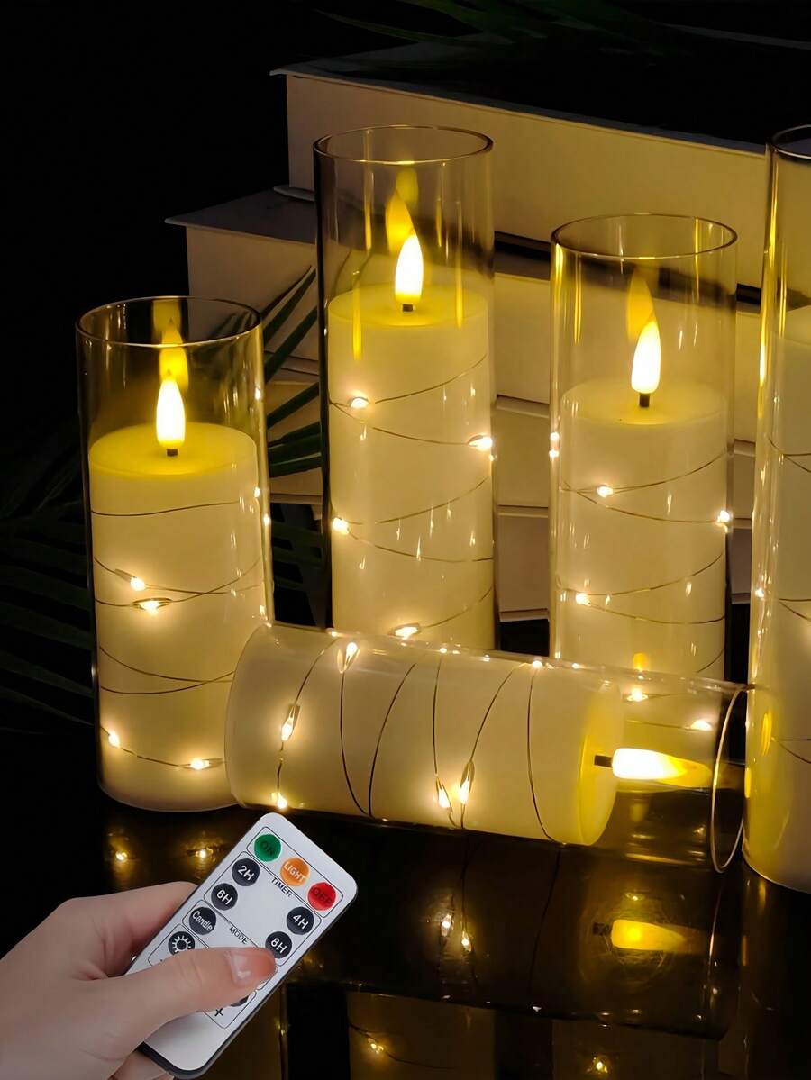2/3/5件組 閃爍無焰LED蠟燭，內建星星串燈，附遙控器，適用於居家裝飾、婚禮、情人節、桌面中心裝飾 - 無色 - 查看 1
