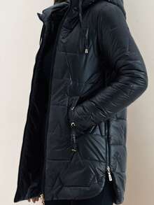 Mid-Length Glossy Down Jacket - Drawstring Hooded Collar With Metal Details | Warm For Autumn/Winter: Suitable For Daily Wear And Commuting - Black - View 2