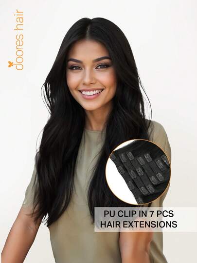 DOORES 无痕夹式接发，真人发，130克-160克，7片装，乌黑直发，自然柔顺，PU材质，隐形夹式接发，适合女性和女孩日常佩戴，易于造型，展现真人发魅力，优雅休闲，适合度假、角色扮演、校园、运动、旅行、节日、舞会、生日派对等场合。